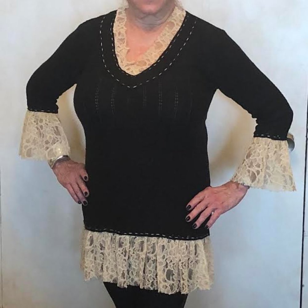 Tunic with Lace Trimmed Neckline, Sleeve, & Bottom